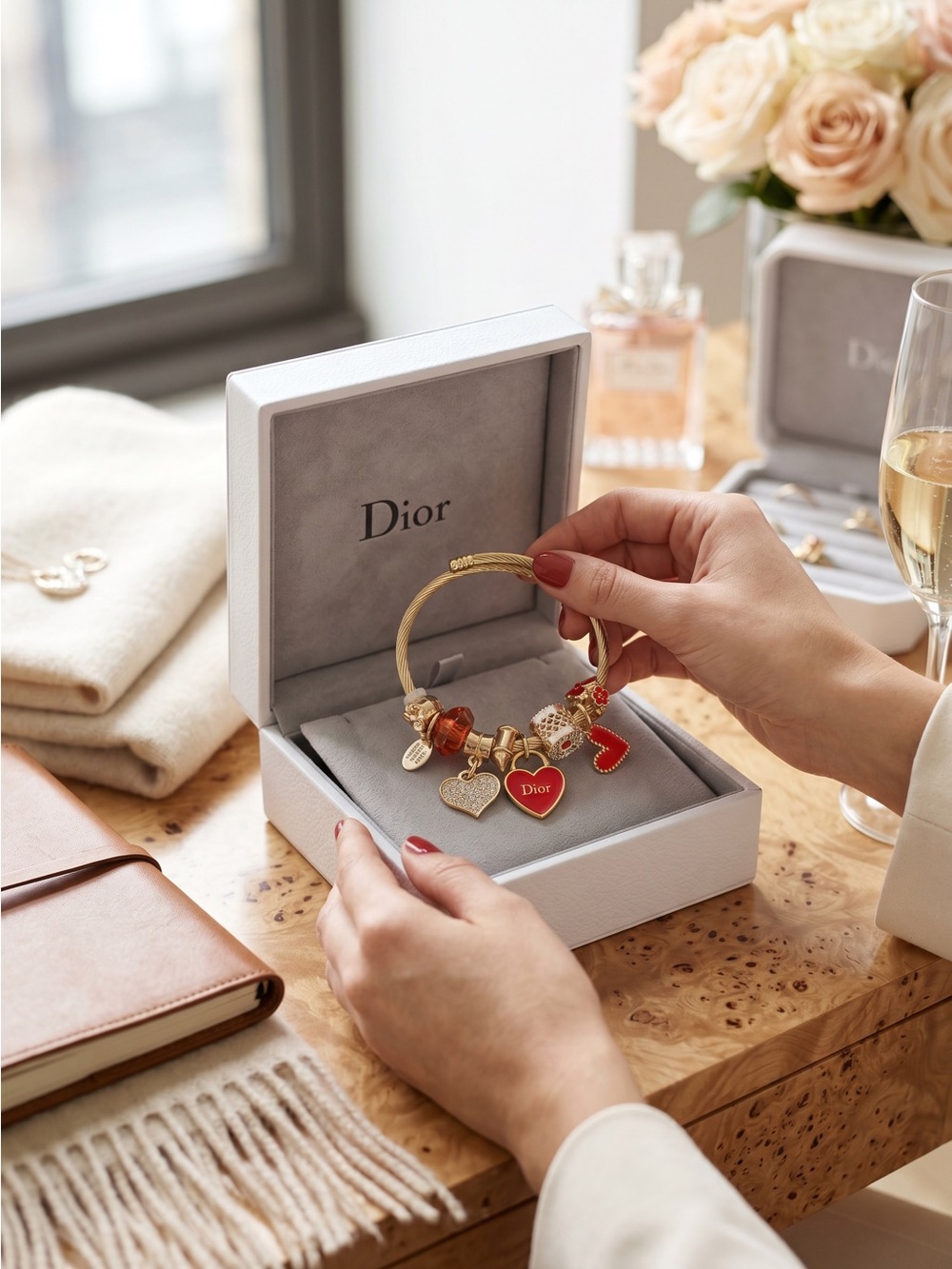 Fashion Jewelry Gold Bracelet With Red Heart Charms - Fashion Jewelry